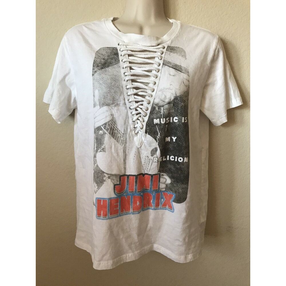 Rockin Artwork White Jimi Hendrix Crew Neck Lace Up Short Sleeve Top Size S